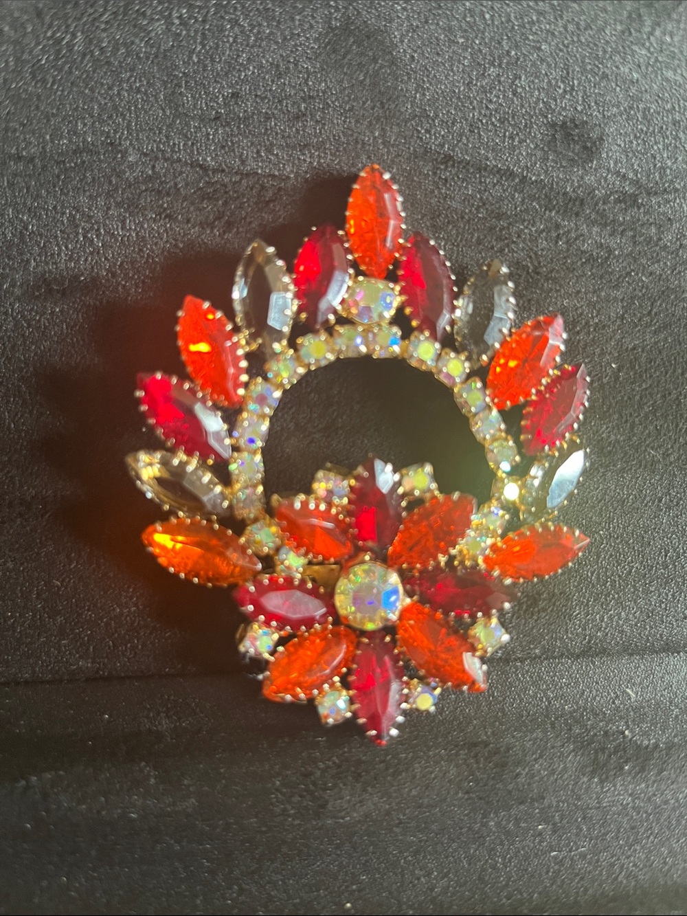 Vintage Orange & Red Rhinestone Brooch
